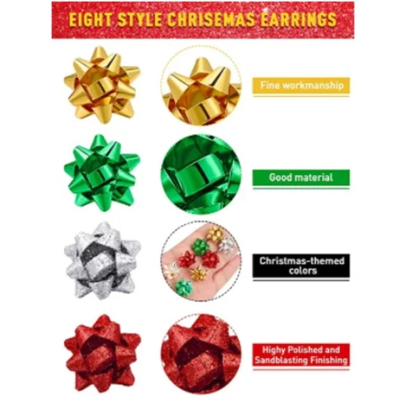 Christmas Bow Earrings Christmas Red Smooth Bow Studs New Shiny Holiday Earrings - Picture 6 of 11